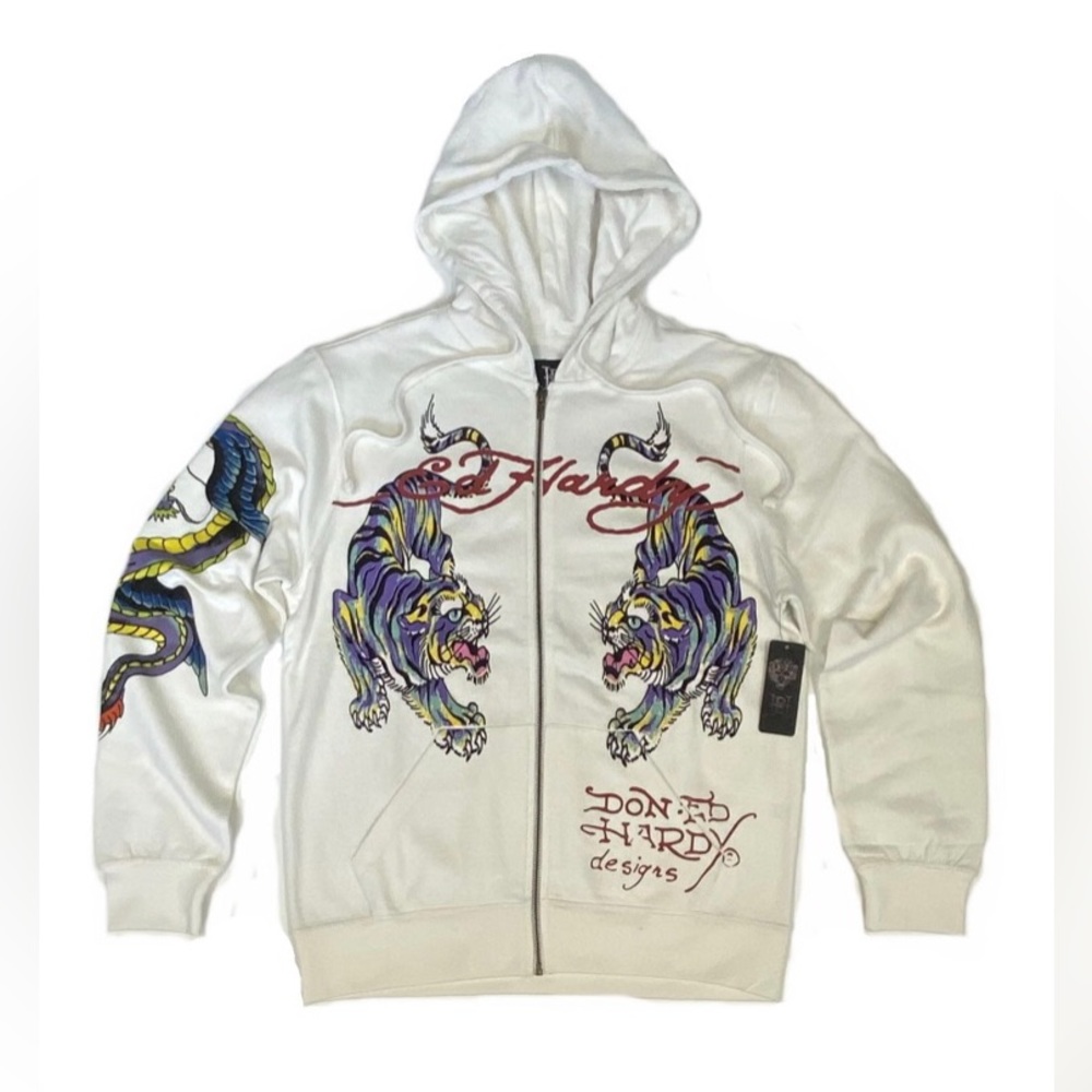 Ed Hardy White Hoodie with Purple and Yellow Tiger Design